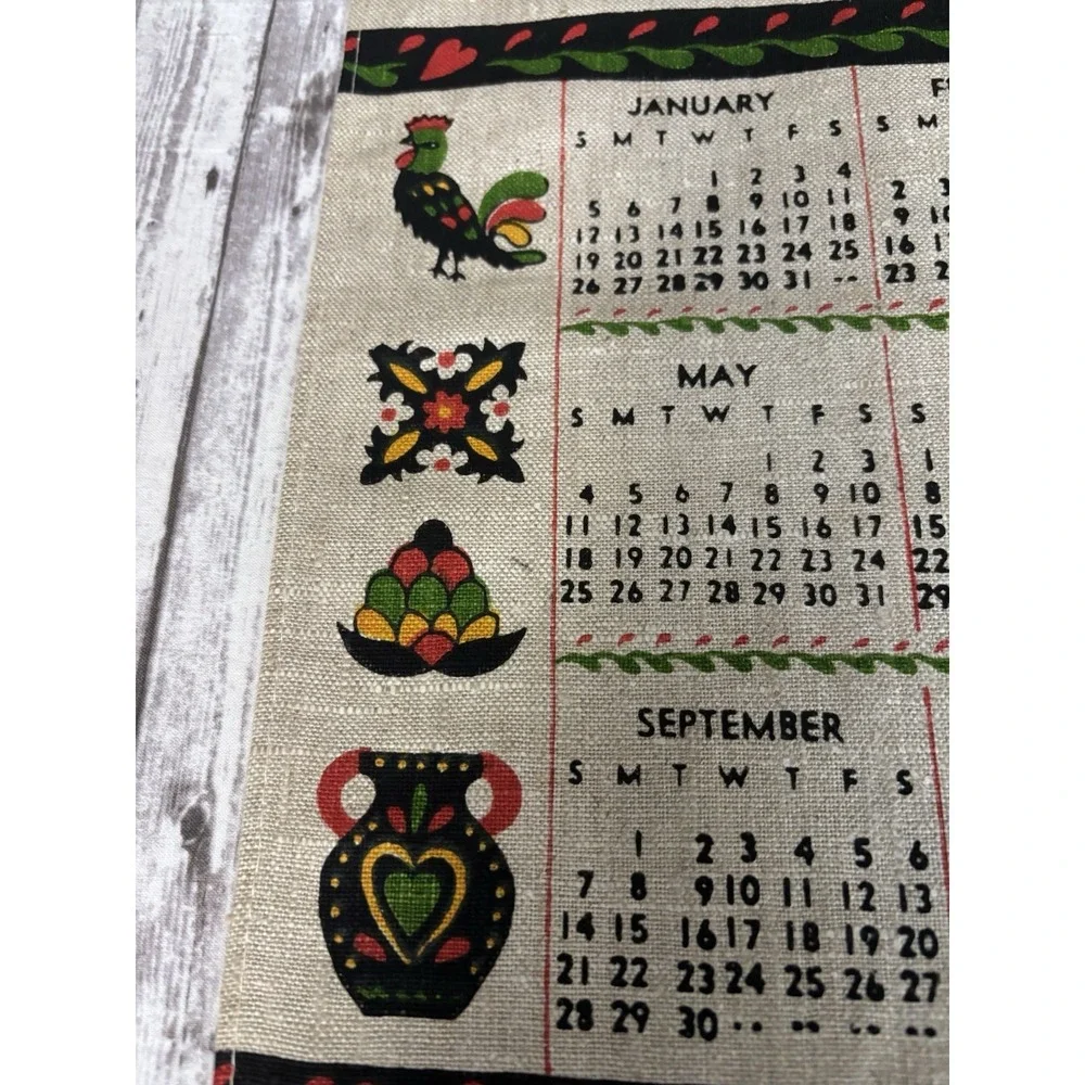 1969 Vintage MCM Linen Calendar Tea Towel Wall Hanging Dutch Folk Art